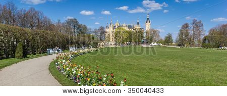 Schwerin, Germany - April 16, 2019: Panorama Of Flowers In The Castle Garden Of Schwerin, Germany
