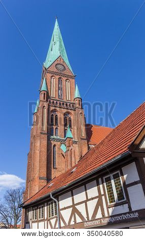 Schwerin, Germany - April 16, 2019: Tower Of The Historic Dom Church In Schwerin, Germany