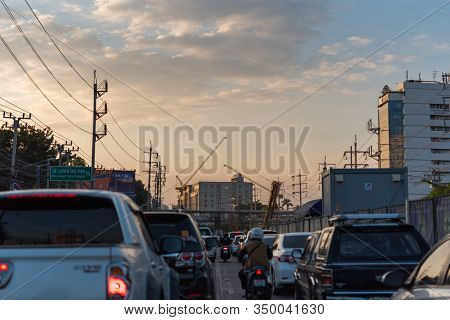 Cars On Busy Road In The City With Traffic Jam