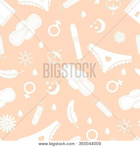 Woman Hygiene Seamless Pattern. Menstruation Elements. Pads, Pants And Tampons, Drops And Cotton Sig