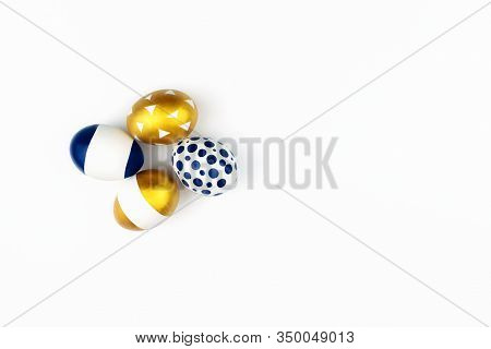 Modern White, Golden And Blue Spring Painted Easter Eggs In Trendy Style Flat Lay Isolated On White 