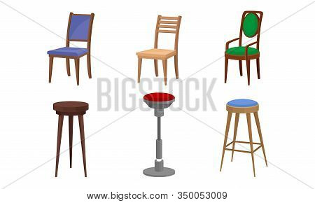 Wooden Chairs And Bar Stools Of Different Color Vector Set