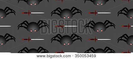 Black Spider Pattern. Mch On A Dark Background. Seamless Pattern For Textile And Fabric Design..