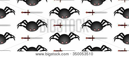 Black Spider Pattern. Mch On A Dark Background. Seamless Pattern For Textile And Fabric Design..
