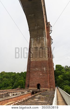 On The Elstertalbrucke Railway Brick Bridge Near Plauen Town In Germany