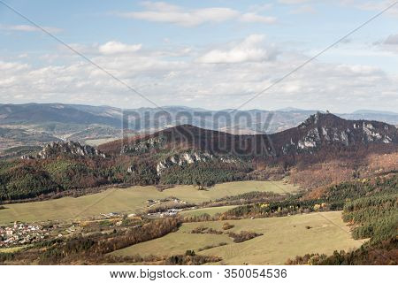 View From Kecka Hill In Autumn Sulovske Skaly Mountains In Slovakia With Partly Rocky Hills Covered 