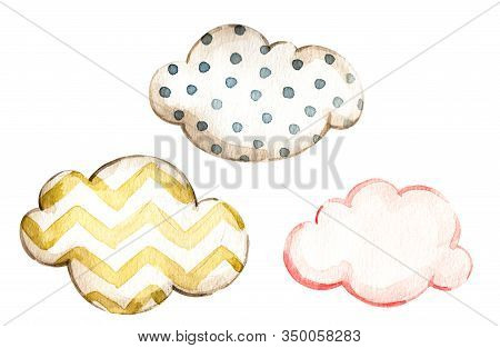 Watercolor Set With Pink Yellow, Blue Polka Dot Watercolor Clouds For Decorative Design. Isolated Te