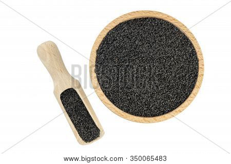 Basil Seeds Or Hairy, Sabja In Wooden Bowl And Scoop Isolated On White Background. Front View. Spice