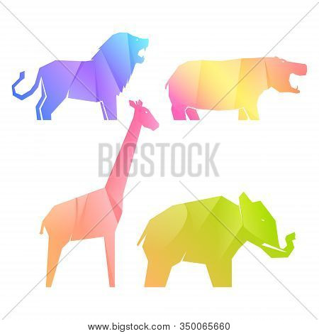 Set Of Multi-colored Gradient African Animals In Different Poses, Lion And Hippo, Elephant And Giraf