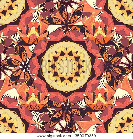 Spiritual And Ritual Symbol Of Islam, Arabic, Indian Religions. Mandala On Orange, Beige And Pink Co