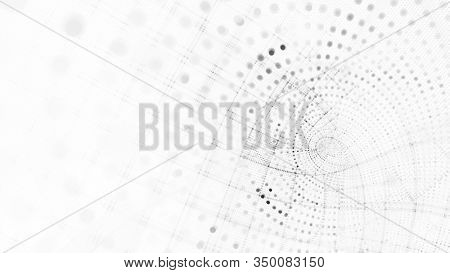 Abstract white and black background element. Fractal graphics 3d illustration. Wide format composition of grid cells and circles. Information technology concept.