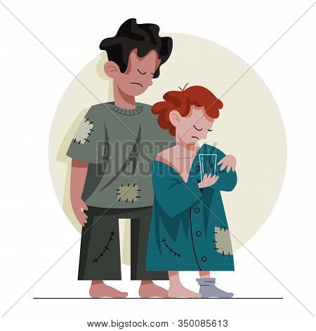 Two Poor Kids. Sad Children In Dirty And Dud Clothes Asking For Help.