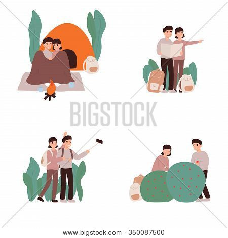 Young Couple Cuddles Under A Warm Plaid, Holding A Map, Doing Foto Use Selfie Stick And Picking Fore