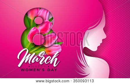 8 March. Womens Day Greeting Card Design With Young Woman Silhouette And Tulip Flower. International