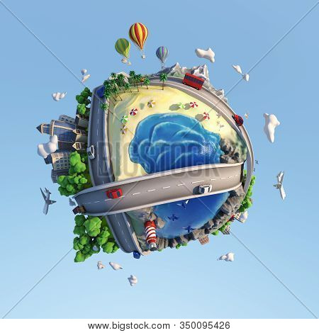 Concept World Showing Diversity Of Landscapes, Roads, Cities, Transportation, And Lifestyles With A 