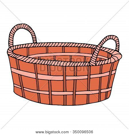 Hand-drawn Wicker Basket Isolated On A White Background.oval High Basket For A Picnic, For Collectin