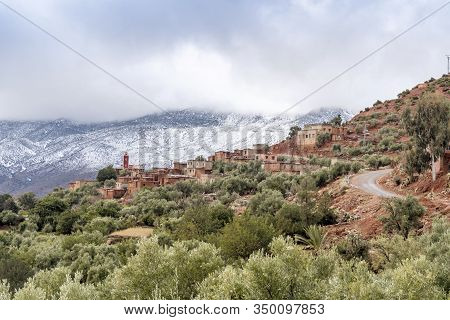 Remote Berber Village After Snow Fall In Atlas Mountains