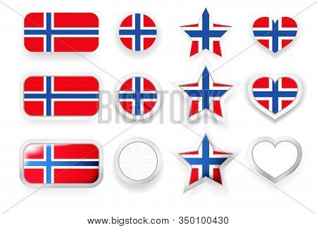 Set Of Norway Vector Labels - Square Button, Circle Button, Star And Heart Buttons In Flag Colors Re