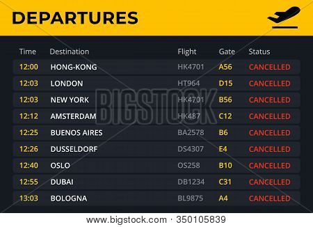 Departure Board With All Flights Cancelled Status. Airport Schedule Template With All Flight Info: T