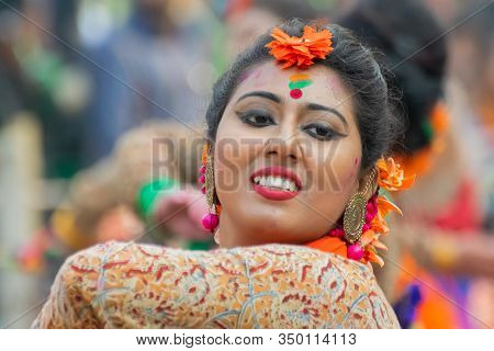 Kolkata, India - 1st March 2018 : Portrait Of Girl Dancer, Dressed In Sari, Traditional Indian Dress