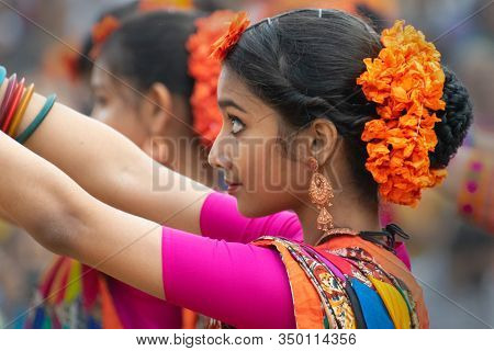 Kolkata, India - 1st March, 2018 : Girl Dancers Dressed In Sari, Traditional Indian Dress With Palas