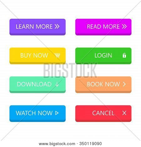 Set Of Modern Style Buttons In Flat Style For Mobile App, Web, Banner, Game. Multicolored Buttons On