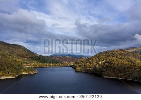 Beautiful Aerial Drone Landscape Image Of Glorious Autumn Fall Sun Over Thirlmere In Lake District