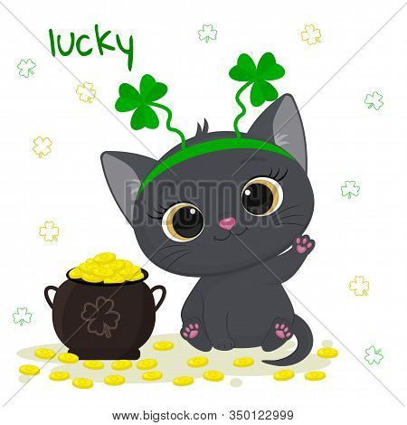 Postcard To The Day Of St. Patrick. Cute Gray Kitten In A Rim Of Clover Sits Lifted A Paw, A Bowler 