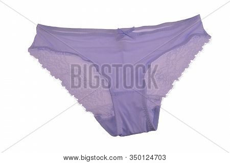 Underwear Woman Isolated. Close-up Of Luxurious Elegant Violet Or Light Pink Lacy Panties Isolated O