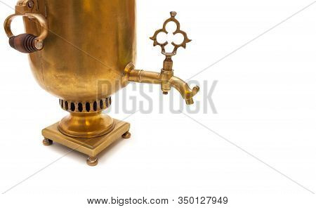 Vintage Metal Copper Tea Samovar On White Background. Samovar Side View. Retro Soot Grunge Tea Samov
