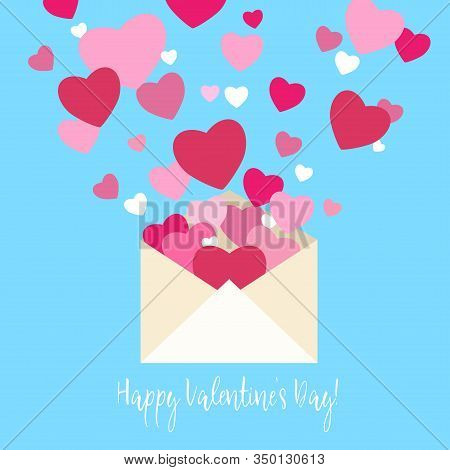 Love. Saint Valentines Day. Open Flat Envelope With Pink Hearts. Romantic Mail. Veector Illustration