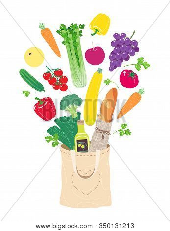 Simple Ecobag Fills Up With Natural Food Isolated On White. Textile Eco-friendly Reusable Shopping B