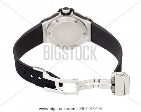 Wristwatch With An Open Lock On A Rubber Strap Of A Silver Watch Back View Isolated On White Backgro