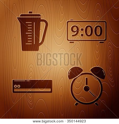 Set Alarm Clock , Measuring Cup, Air Conditioner And Digital Alarm Clock On Wooden Background. Vecto