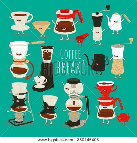 Coffee Brewing Methods Illustration Set. Collection Of Vector Coffee Makers, Syphon, Coffee Cups, Po