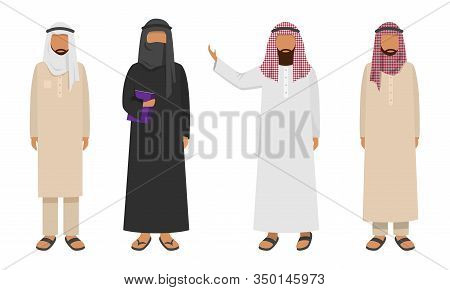 Set Of Muslim Arabic Men Wearing Traditional Ethnic Clothing. Vector Illustration In Flat Cartoon St