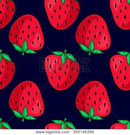 Strawberry Beautiful Illustration A Blue Background Pattern. Berry Print For Textiles. Strawberry Se