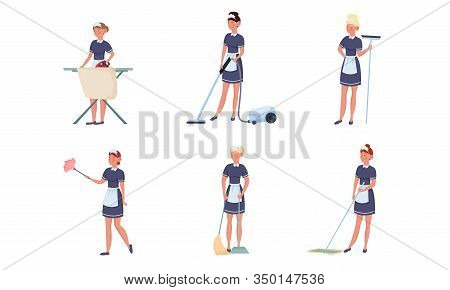 Set Of Maid Posing In Different Actions. Vector Illustration In Flat Cartoon Style.