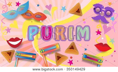 Happy Purim Jewish Holiday Sale Post story banner kids party invitation card template traditional symbols noisemaker grogger gragger, hamantaschen cookies, crown, star of david, festival decoration carnival