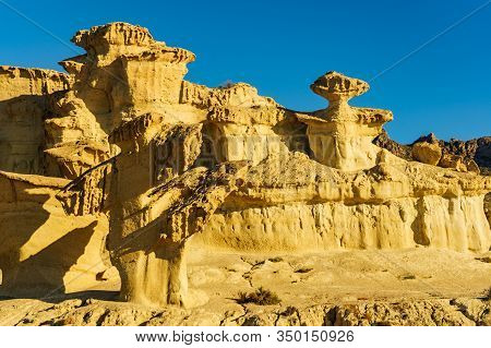 The Enchanted City Of Bolnuevo, Yellow Sandstone Shapes, Rock Formations, Murcia Spain. Tourist Attr
