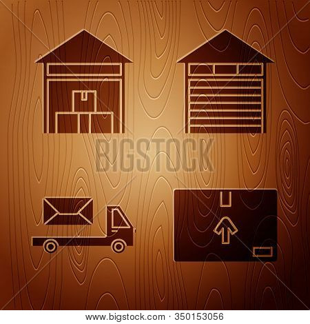 Set Cardboard Box With Traffic Symbol , Warehouse , Post Truck And Closed Warehouse On Wooden Backgr
