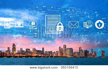 Data Protection Concept With Downtown Chicago Cityscape Skyline With Lake Michigan