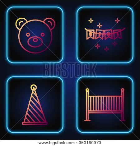 Set Line Baby Crib Cradle Bed, Party Hat, Teddy Bear Plush Toy And Carnival Garland With Flags. Grad