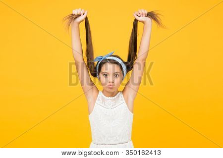 Hair Straightening. Adorable Little Girl Perfect Long Hair. Shampoo And Conditioner. Hairdresser Sal