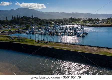 Aerial Shot Of The River Anahulu And The Boat Harbor In The North Shore Town Of Haleiwa
