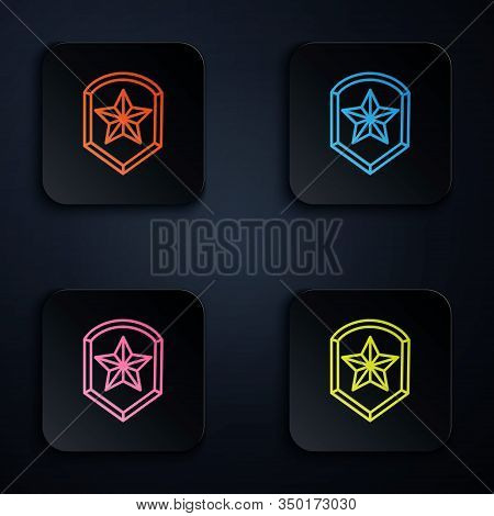 Color Neon Line Police Badge Icon Isolated On Black Background. Sheriff Badge Sign. Shield With Star