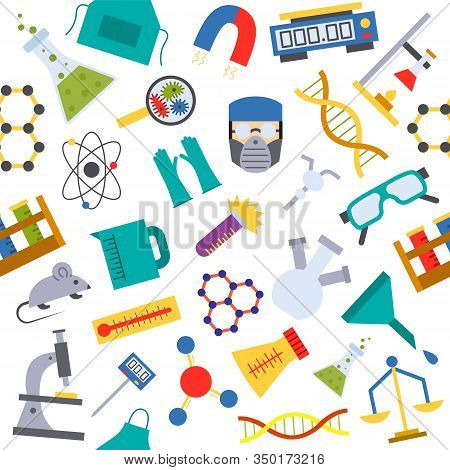 Chemistry Biology Experiment Test Research Seamless Pattern Vector Illustration. Science Medical Lab