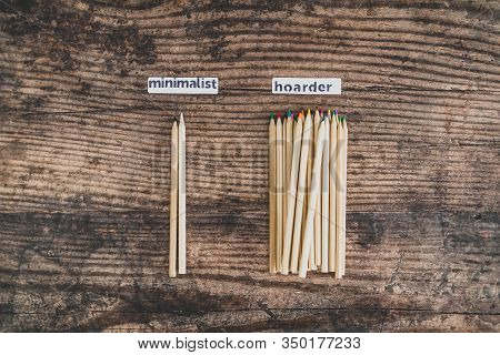 Minimalist Vs Hoarder Lifestyle, 2 Tidy Pencils Vs Messy Group Of All Colors