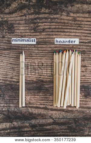 Minimalist Vs Hoarder Lifestyle, 2 Tidy Pencils Vs Messy Group Of All Colors
