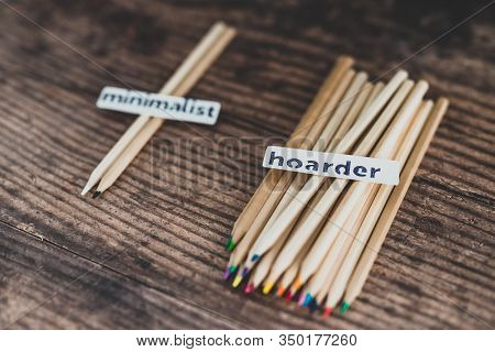 Minimalist Vs Hoarder Lifestyle, 2 Tidy Pencils Vs Messy Group Of All Colors